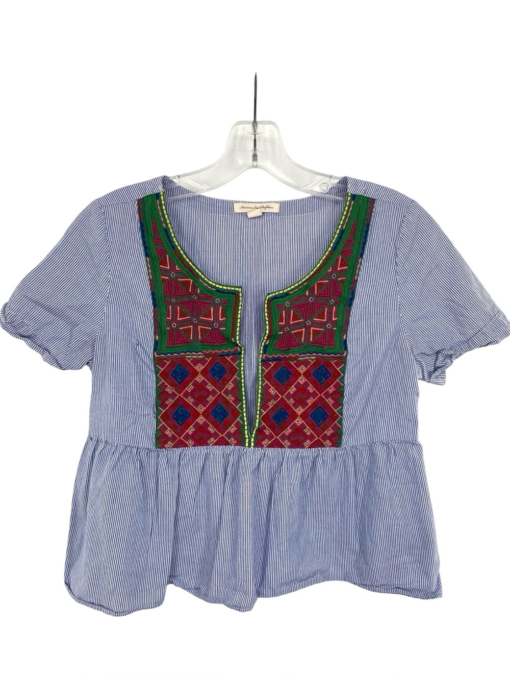 American Eagle Women’s Embroidered Aztec Cotton Crop Peasant Top Size Small